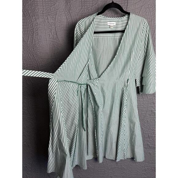 Calvin Klein Women's 4 Striped Bell Sleeve Cotton Wrap Dress Pockets Green White - Picture 6 of 12